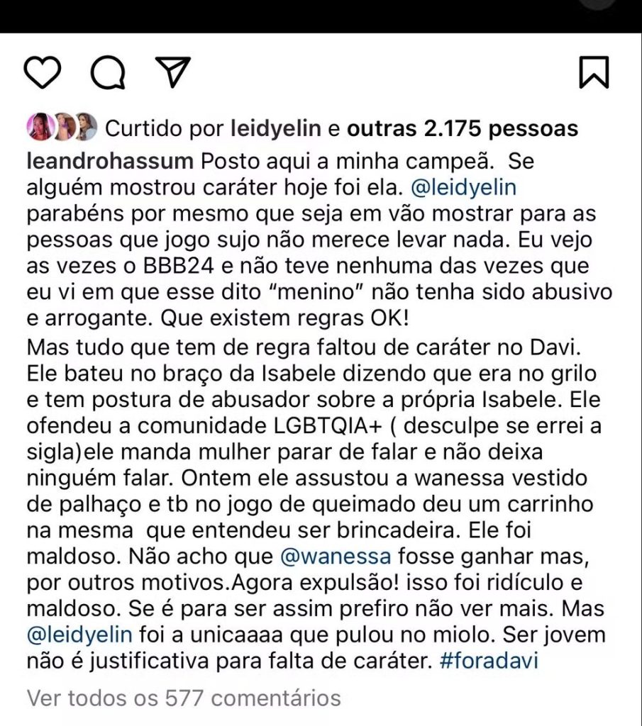 Leandro Hassum massacra Davi e declara torcida para sister no 'BBB 24'