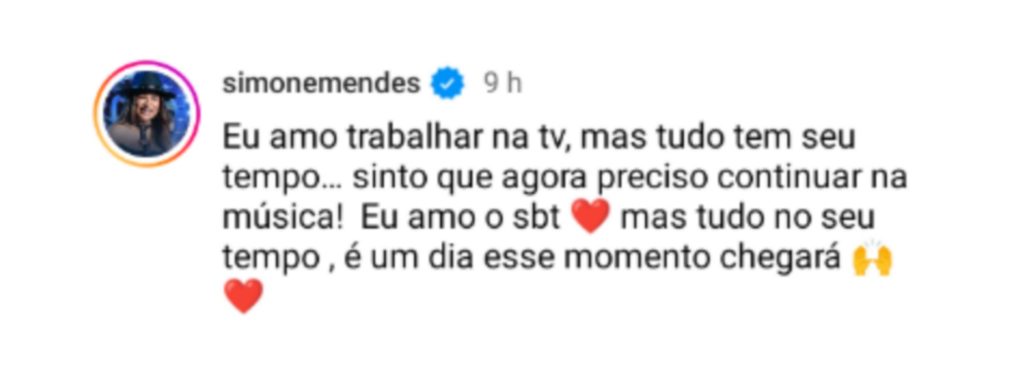 Simone Mendes fala sobre proposta para substituir Eliana no SBT