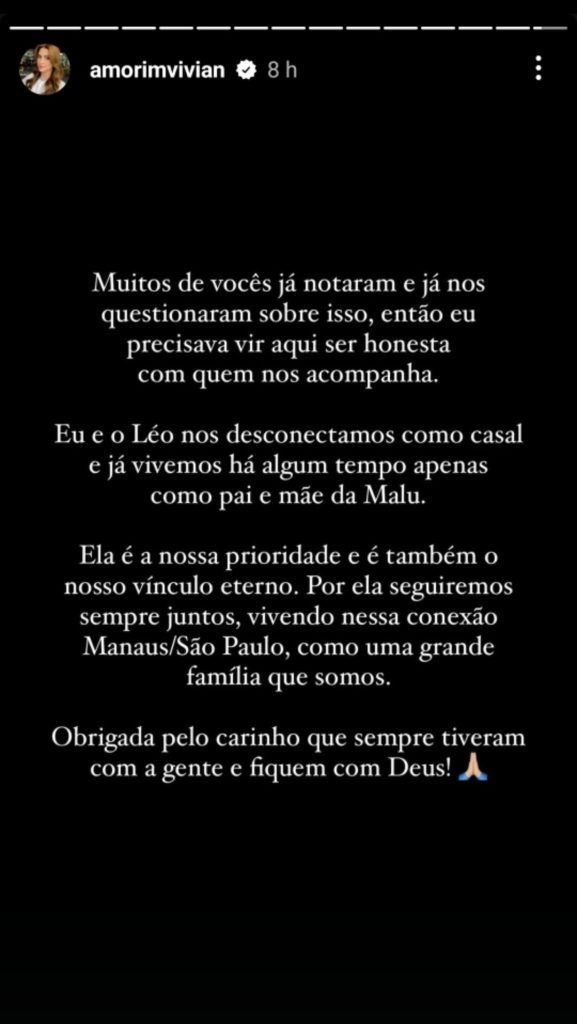 Vivian Amorim anuncia fim do casamento com Leo Hirschmann